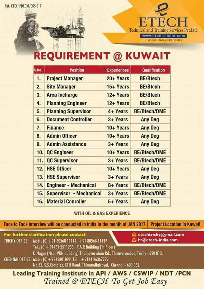 Instrumentation jobs in kuwait for freshers