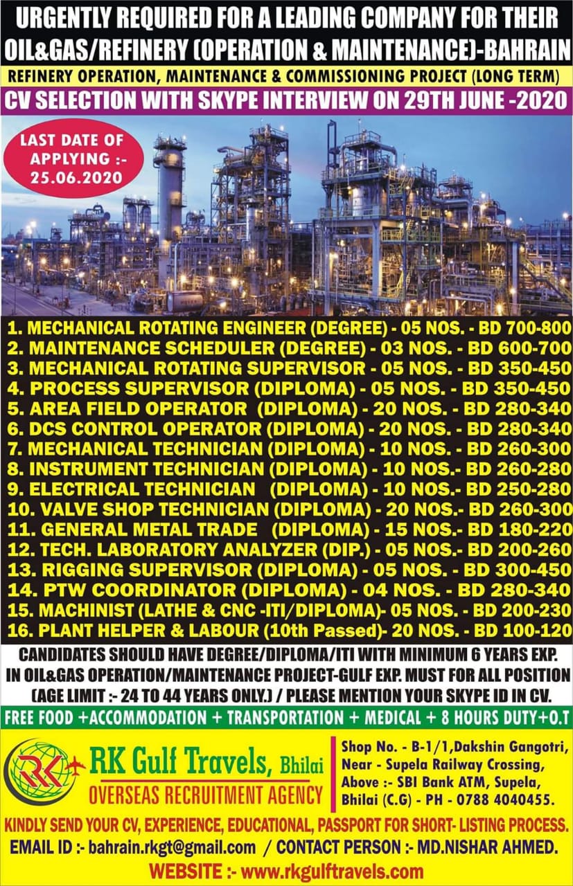 HUGE OPPORTUNITIES IN A LEADING COMPANY FOR THEIR OIL AND GAS/REFINARY PROJECT IN BAHRAIN July
