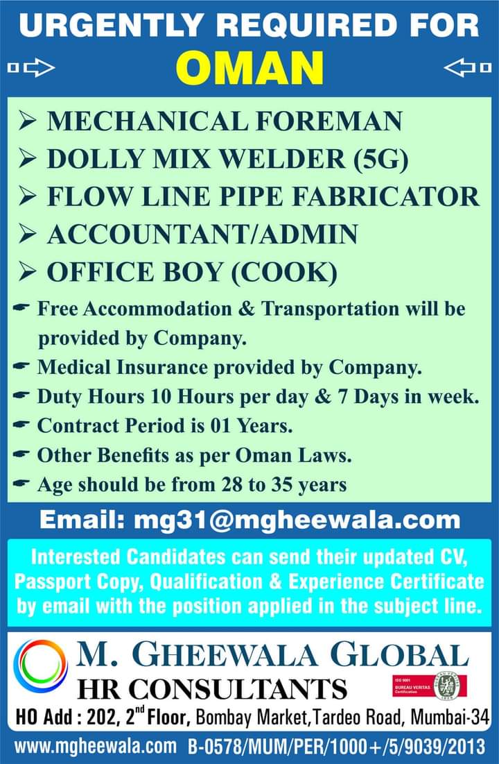 WALK IN INTERVIEW IN MUMBAI FOR A LEADING COMPANY IN OMAN