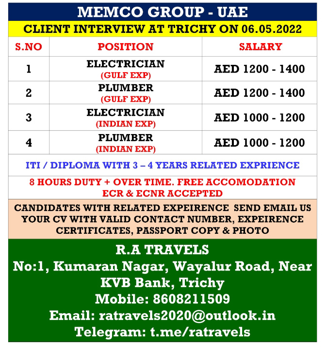 WALK IN INTERVIEW AT TRICHY FOR UAE