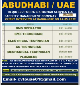 WALK IN INTERVIEW AT BANGALORE FOR UAE