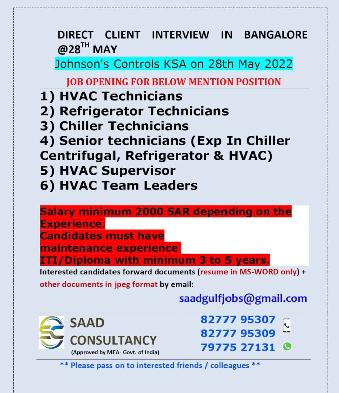WALK IN INTERVIEW AT BANGALORE FOR KSA
