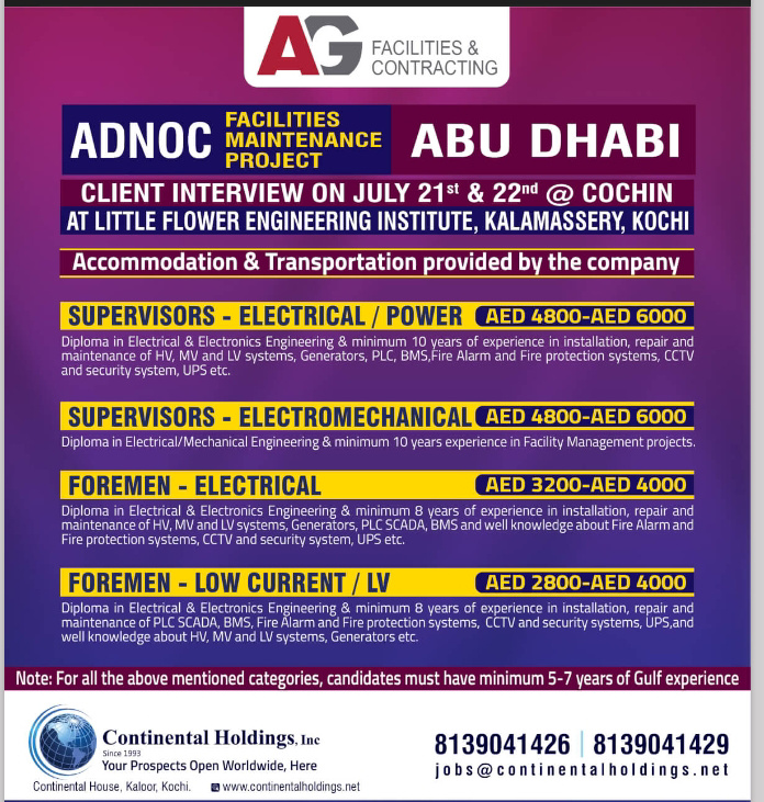 WALK IN INTERVIEW AT COCHIN FOR ABUDHABI