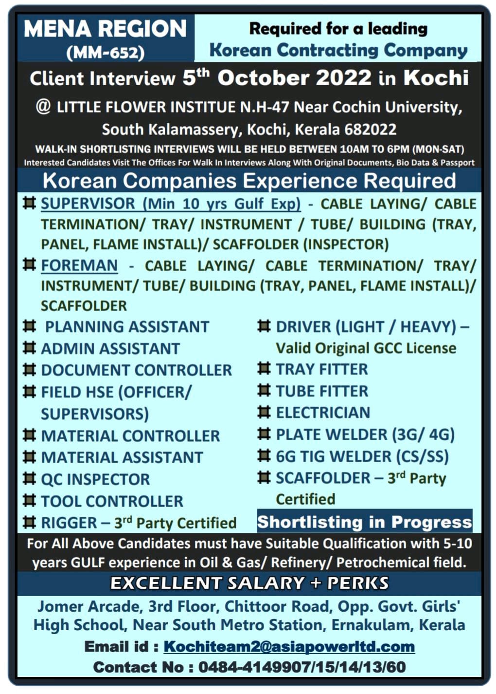 WALK IN INTERVIEW AT COCHIN FOR KOREAN
