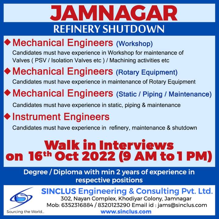WALK IN INTERVIEW AT MUMBAI FOR JAMNAGAR