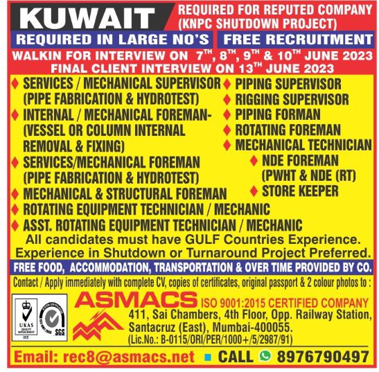 WALK IN INTERVIEW AT MUMBAI FOR KUWAIT