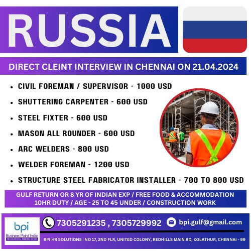 WALK IN INTERVIEW AT CHENNAI FOR RUSSIA