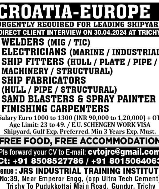 WALK IN INTERVIEW AT TRICHY FOR EUROPE