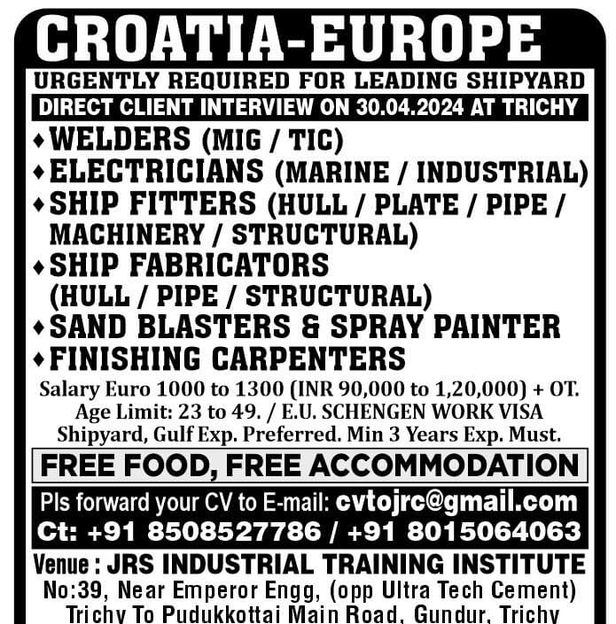WALK IN INTERVIEW AT TRICHY FOR EUROPE