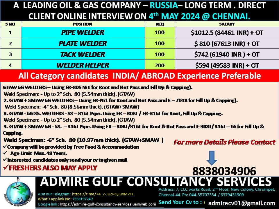 WALK IN INTERVIEW AT CHENNAI FOR RUSSIA