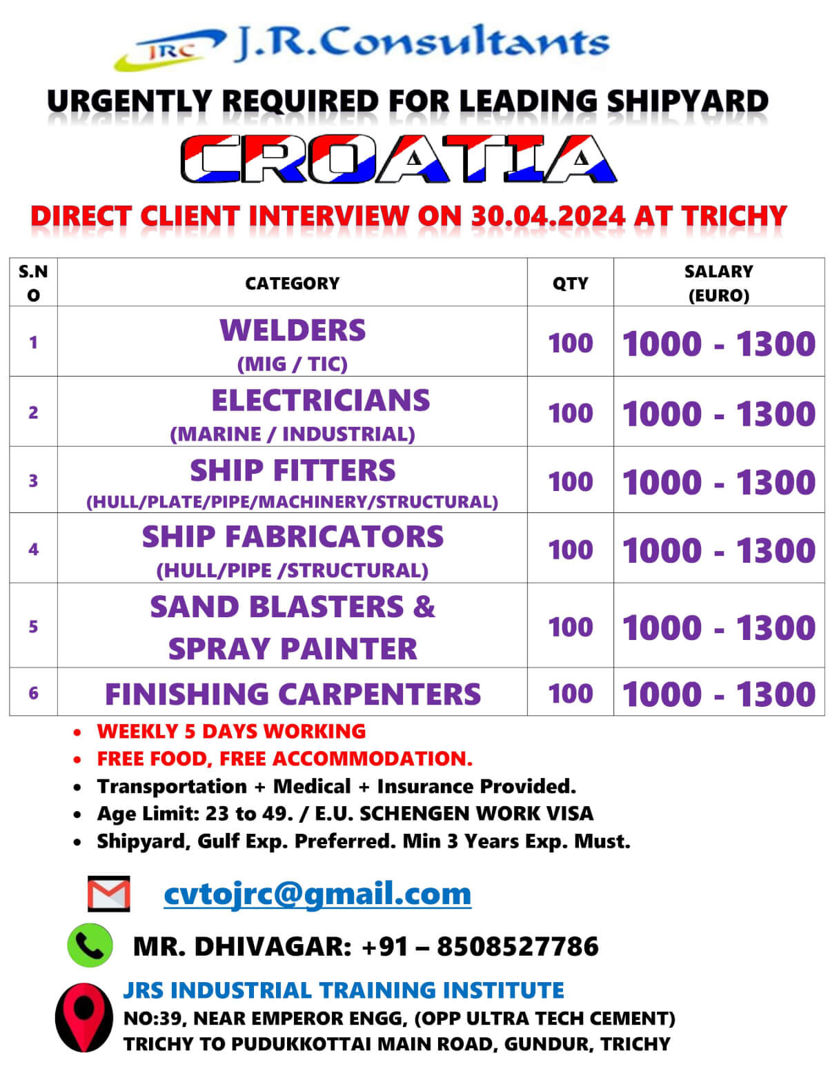 WALK IN INTERVIEW AT TRICHY FOR CROATIA