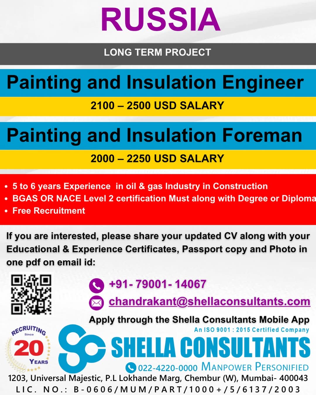 JOB VACANCIES IN RUSSIA  FOR PAINTING  AND INSULATION  ENGINEER  