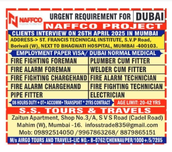 URGENTLY REQUIRED FOR DUBAI FOR NAFFCO  PROJECT  