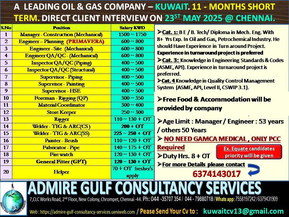 LARGE  VACANCIES IN KUWAIT FOR OIL AND GAS COMPANY 