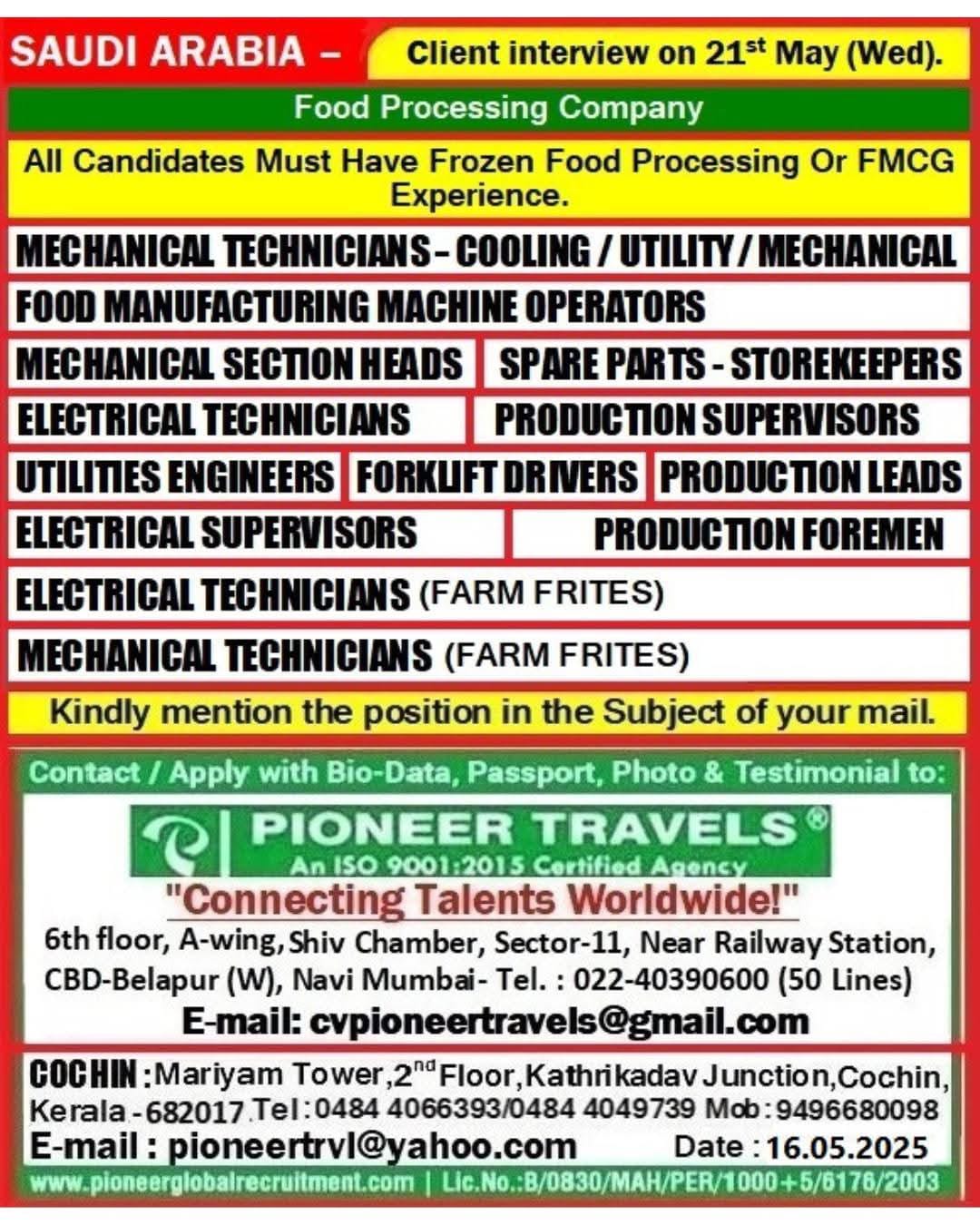 URGENTLY REQUIRED FOR  FOOD  PROCESSING COMPANY  SAUDI ARABIA 