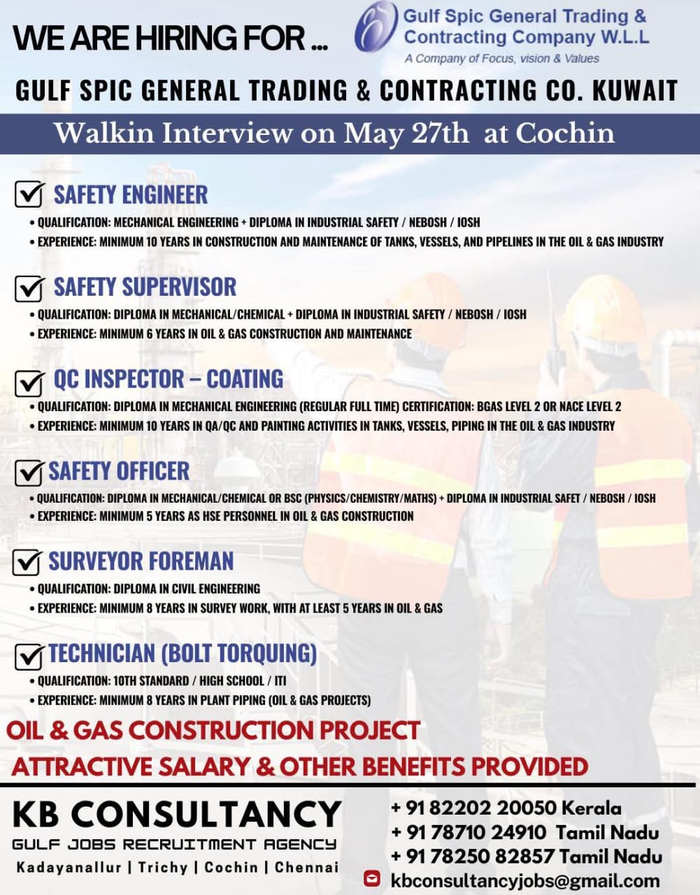 WE ARE HIRING FOR GULF  SPIC GENERAL TRADING AND CONTRACTING COMPANY IN KUWAIT 