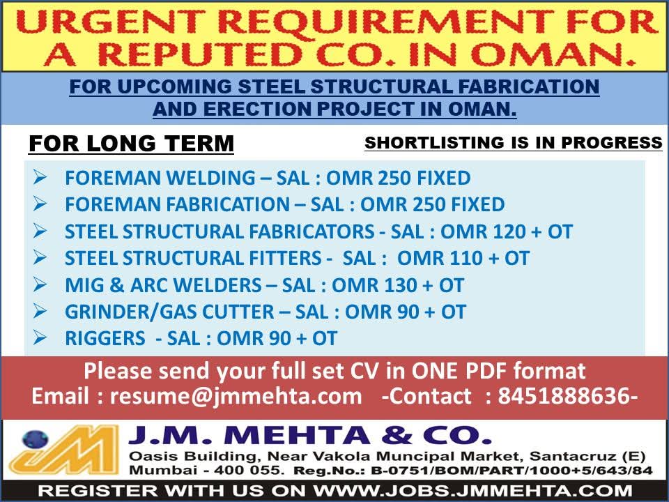 LARGE NUMBERS OF VACANCIES IN OMAN FOR A REPUTED  COMPANY 