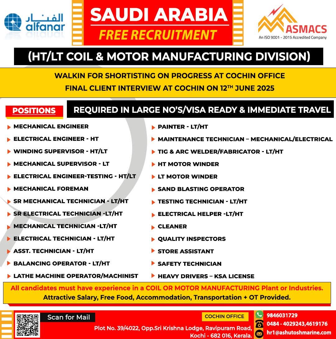 WE’RE HIRING FOR HT/LT COIL AND MOTOR MANUFACTURING  DIVISION IN SAUDI ARABIA 