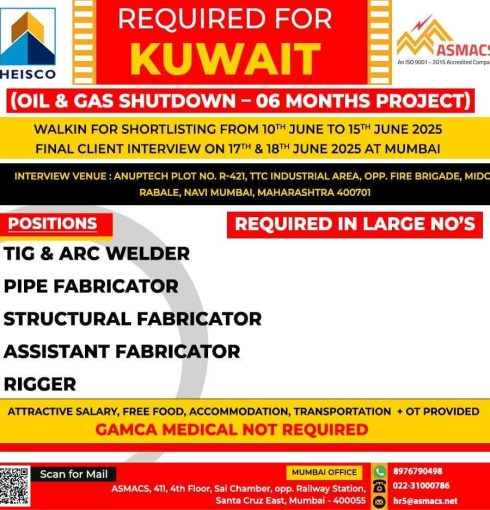 LARGE NUMBERS OF VACANCIES IN OIL AND GAS SHUTDOWN PROJECT IN  KUWAIT 