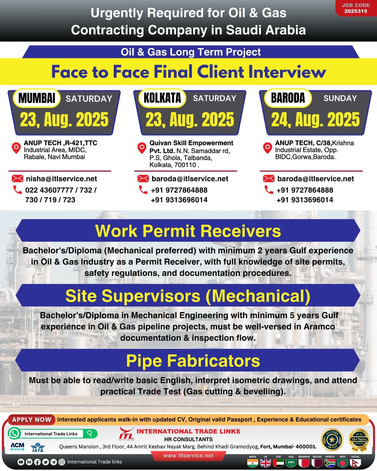 Urgently required for Oil and Gas Company