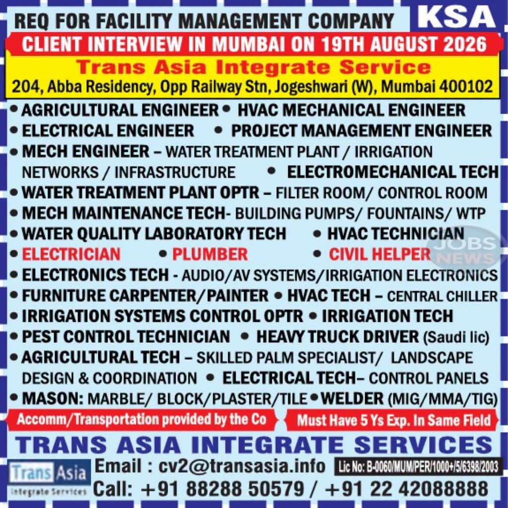 WALK IN INTERVIEW AT MUMBAI FOR KSA