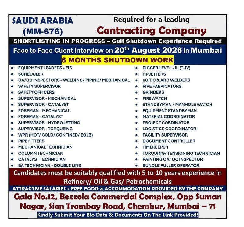 WALK IN INTERVIEW AT MUMBAI FOR SAUDI ARABIA