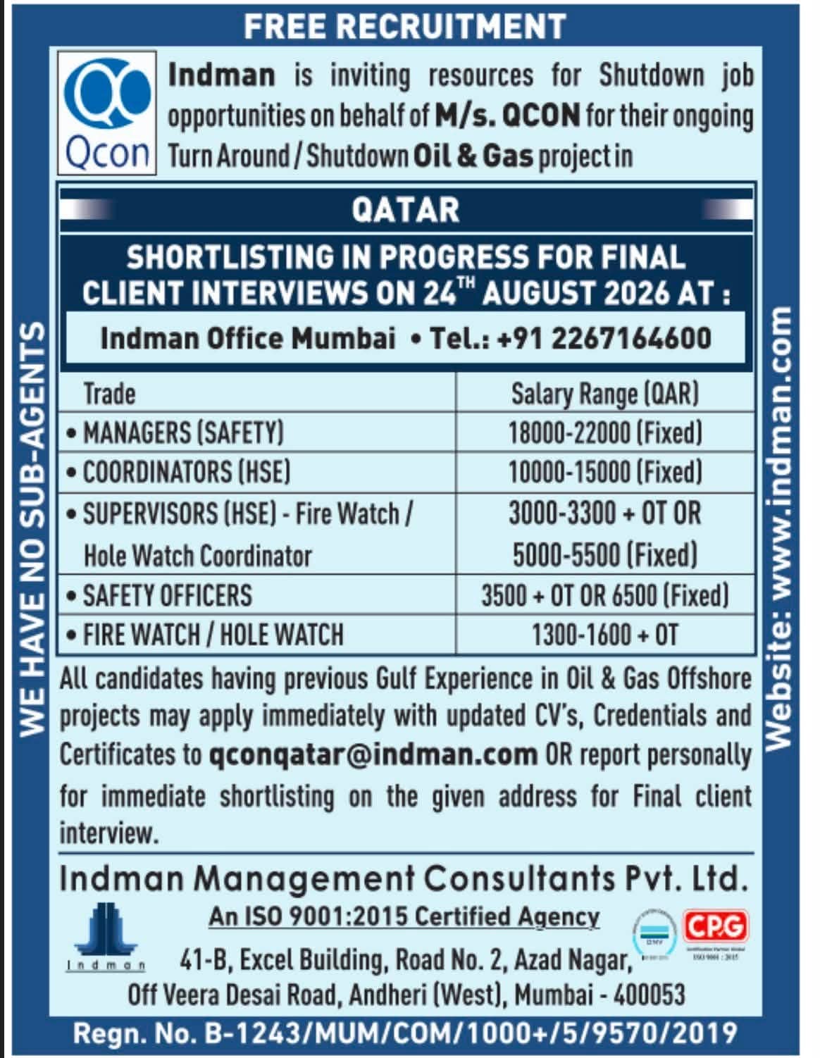 WALK IN INTERVIEW AT MUMBAI FOR QATAR